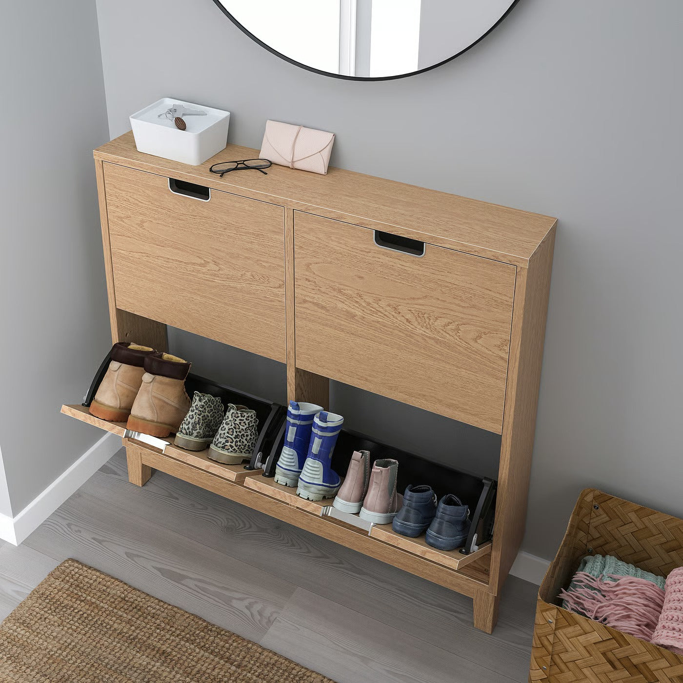 Oak Grain Effect Four Door Concealed Shoe Cabinet