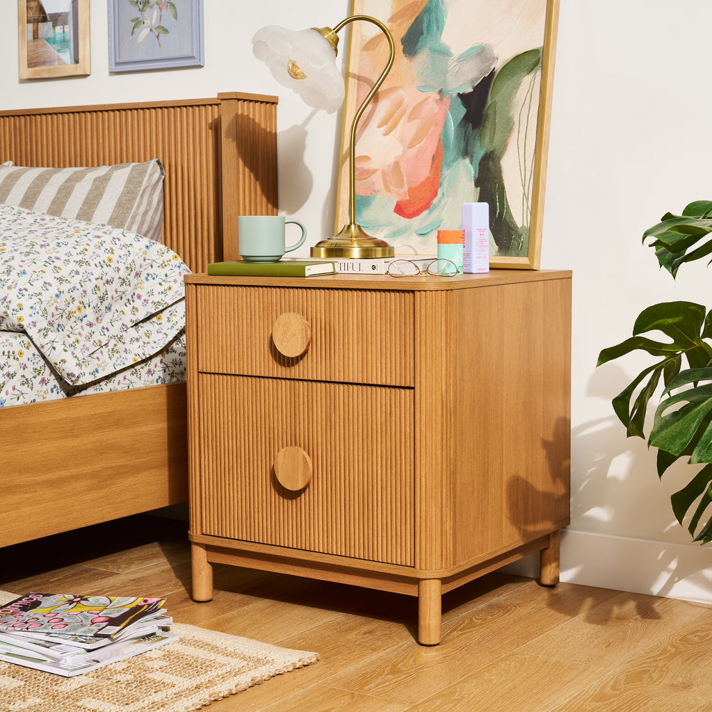 Retro Solid Rubberwood Two Drawer Nightstand