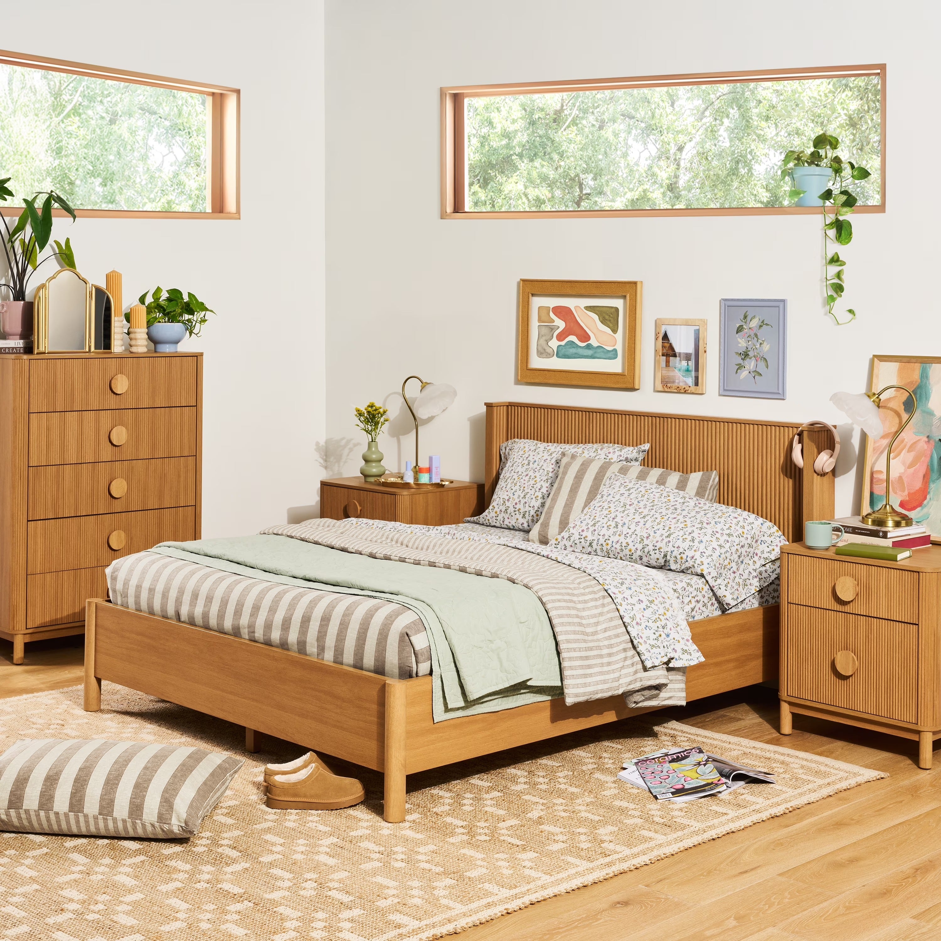 Retro Solid Rubberwood Two Drawer Nightstand