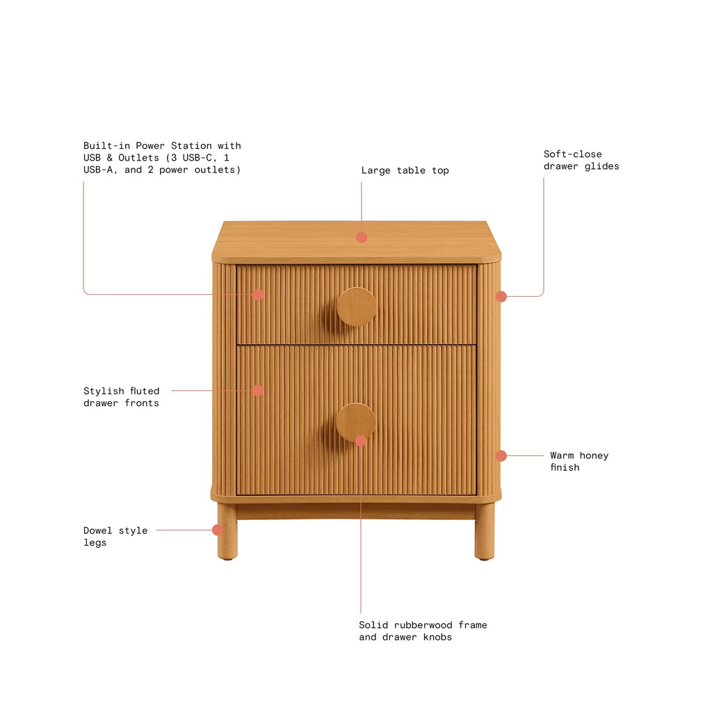 Retro Solid Rubberwood Two Drawer Nightstand